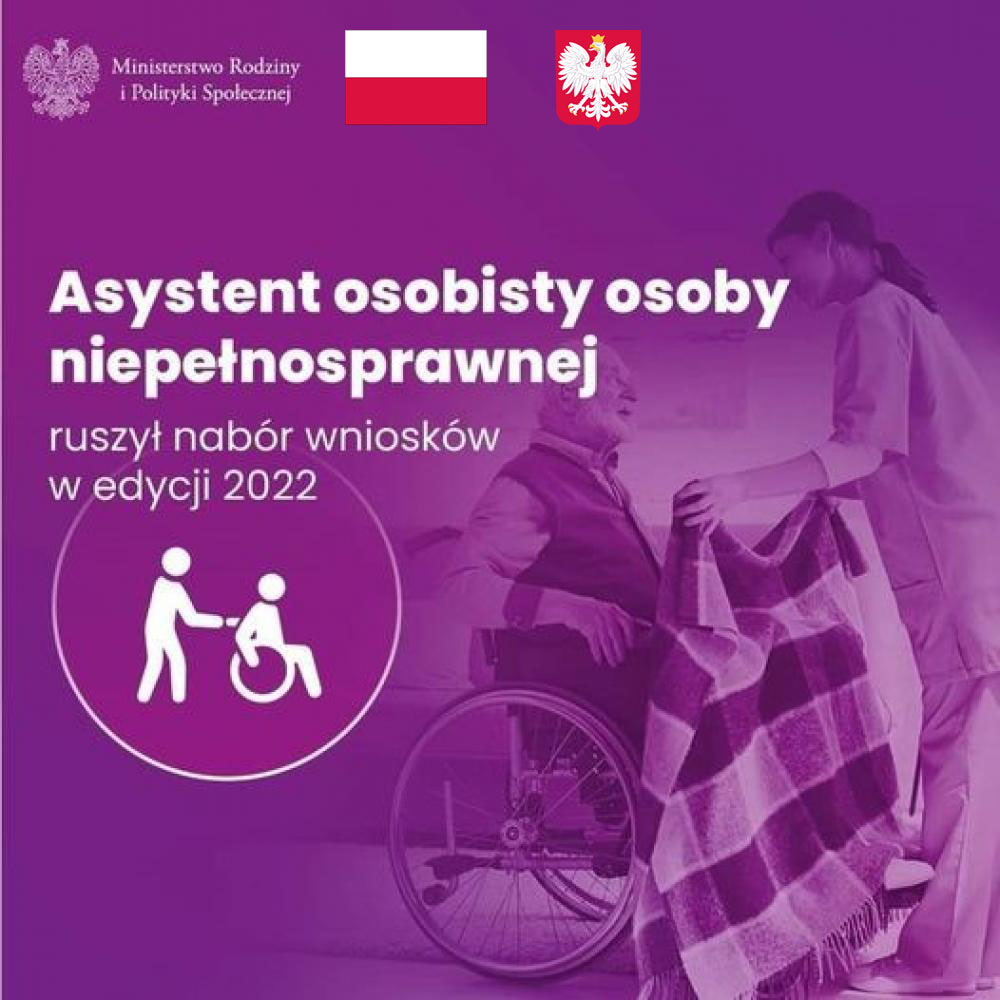 plakat promujący Program Asystent osobisty osoby niepełnosprawnej - edycja 2022_kobieta okrywa kocem starszego mężczyznę na wózku