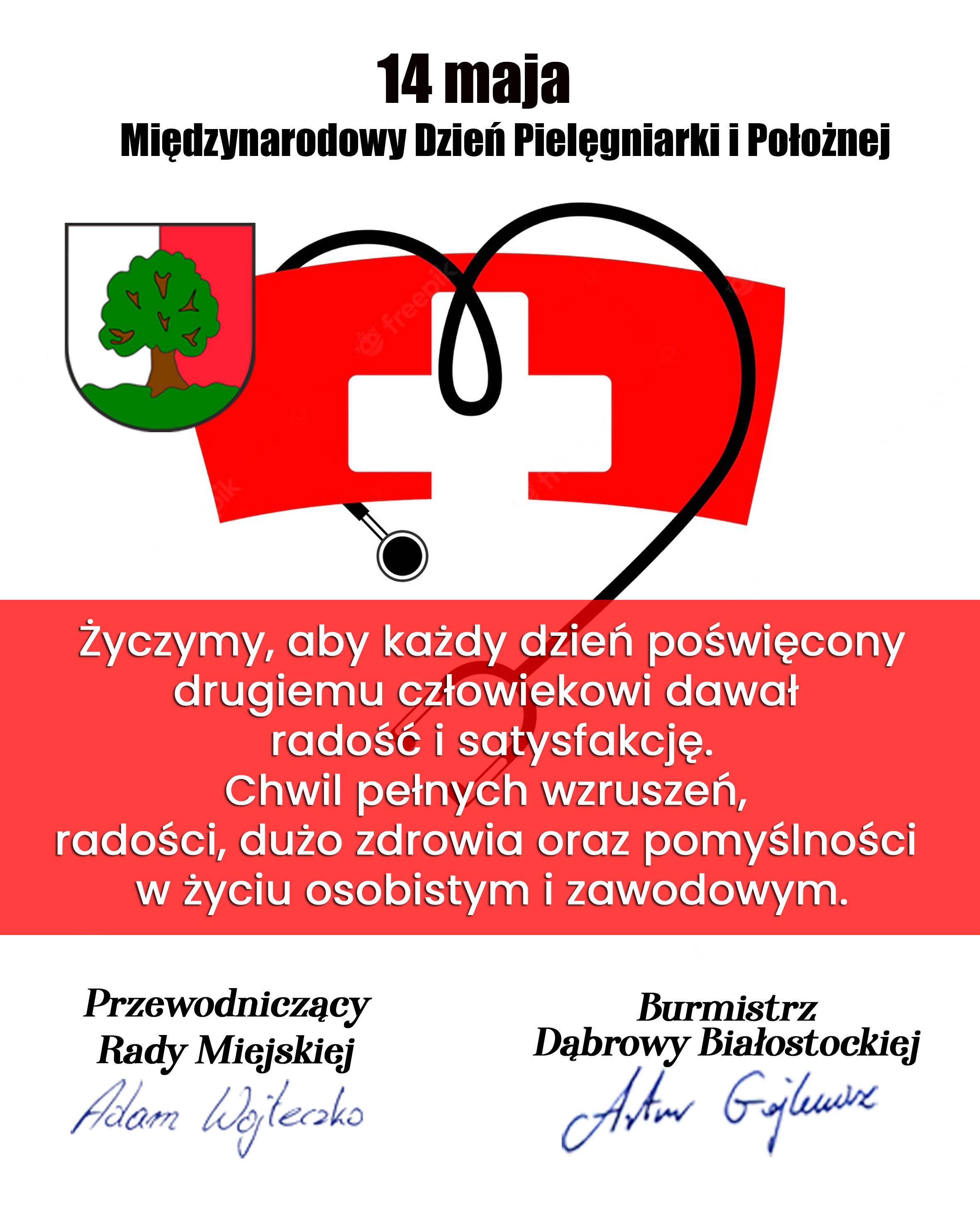 14 maja Międzynarodowy Dzień Pielęgniarek i Położnych, herb dąbrowy białostockiej, serce, steteskop