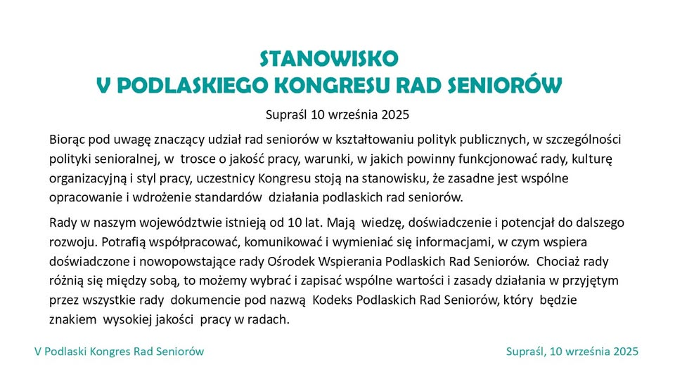 Stanowisko V Podlaskiego Kongresu Rad Seniorów w Supraślu